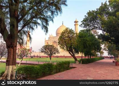 Taj Mahal Mausoleum in the garden, Agra, India.