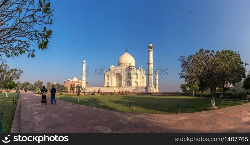 Taj Mahal morning panorama in Agra, Uttar Pradesh, India.. Taj Mahal morning panorama, Agra, Uttar Pradesh, India