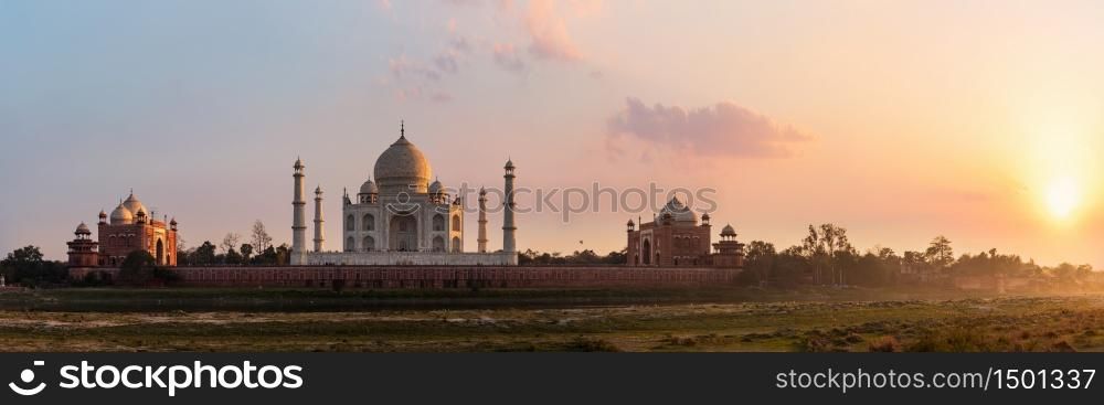 Taj Mahal panorama, view from the Yamuna river at sunset, Agra, India.. Taj Mahal panorama, view from the Yamuna river at sunset, Agra, India