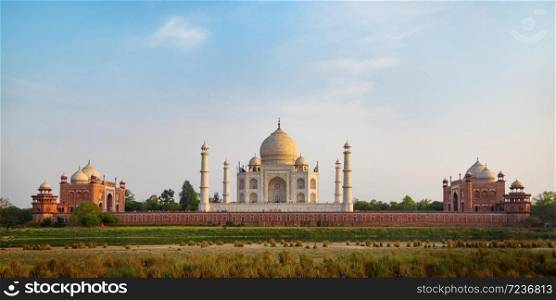 Taj Mahal seen from Mehtab Bagh, an ivory-white marble mausoleum on the south bank of the Yamuna river in Agra, Uttar Pradesh, India. One of the seven wonders of the world.. Taj Mahal seen from Mehtab Bagh.