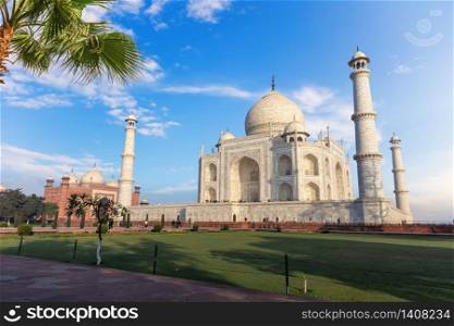 Taj Mahal Tomb and the mosque view, India, Agra.