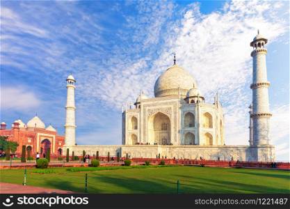 Taj Mahal Tomb and the western mosque, sunny day view, Agra, India.. Taj Mahal Tomb and the western mosque, sunny day view, Agra, India