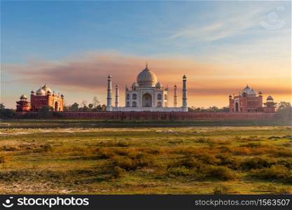 Taj Mahal, view from the Yumana river at sunset, India, Agra.