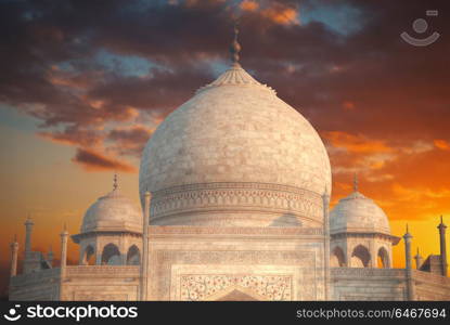 Taj Mahal . white marble mausoleum on the south bank of the Yamuna river in the Indian city of Agra, Uttar Pradesh.