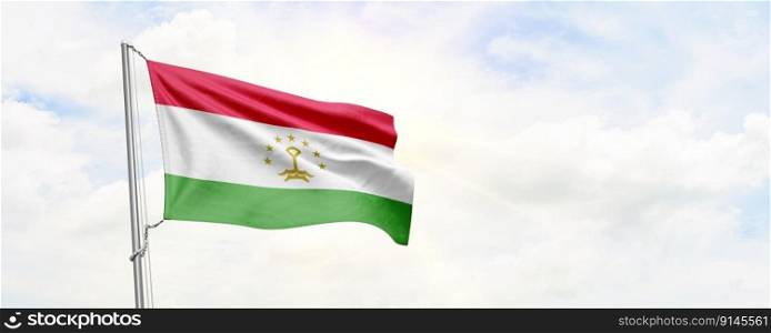 Tajikistan flag waving on sky background. 3D Rendering