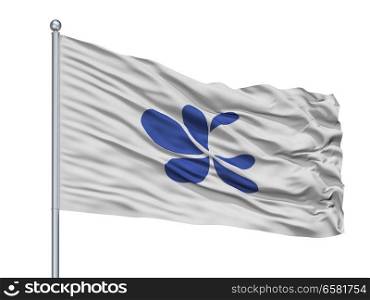 Takashima City Flag On Flagpole, Country Japan, Shiga Prefecture, Isolated On White Background. Takashima City Flag On Flagpole, Japan, Shiga Prefecture, Isolated On White Background