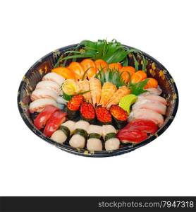 take away selection of fresh sushi express on plastic tray