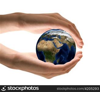 Take care the earth concept. Human hand holding the world in hands.