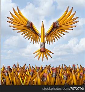 Take flight creative success concept with a group of three dimensional yellow pencils in the shape of a bird taking off and escaping confusion to freedom as a symbol of education programs and creativity in business innovation