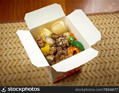 take-out food -Beef slice and potato.chinese cuisine in take-out box