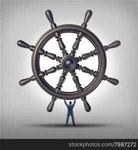 Take the reins and change course business concept as a businessman holding a ship wheel steering gear as a symbol and financial metaphor for taking control and directing the future for success.