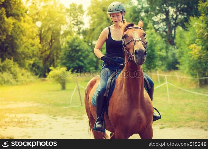 Taking care of animals, horsemanship, western competitions concept. Jockey girl doing horse riding on countryside meadow, sunny day outside. Jockey girl doing horse riding on countryside meadow