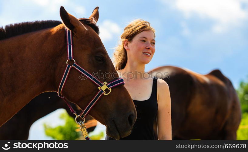 Taking care of animals, love and friendship concept. Jockey young girl petting and hugging brown horse on sunny day. Jockey young girl petting and hugging brown horse