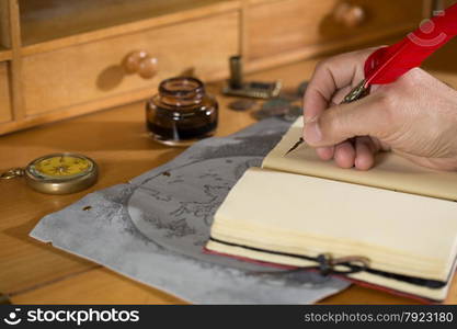 Taking notes in the diary of their trip treasure