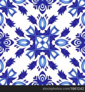 Talavera ceramic hand drawn tile seamless ornamental watercolor paint pattern. Cross motif mediterranean. Portuguese style ceramic tile design. Azulejo spanish tile. Gorgeous seamless blue floral watercolor pattern oriental tiles design.