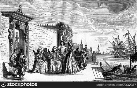 Talk to the waterfront in Venice, in the seventeenth century, vintage engraved illustration. Magasin Pittoresque 1876.