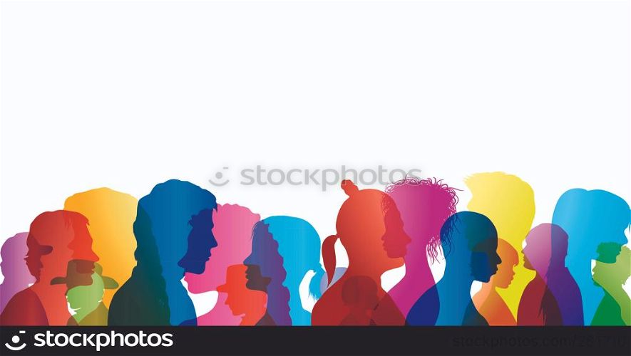 Talking crowd. Dialogue between people. Colored silhouette profiles. People talking