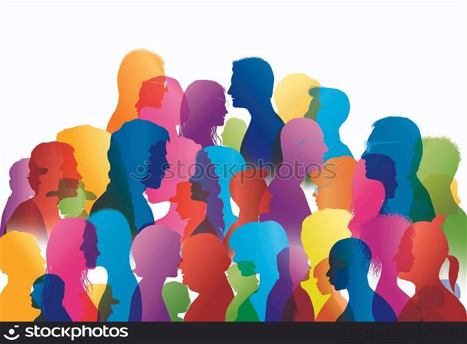 Talking crowd. Dialogue between people. People talking. Colored silhouette profiles