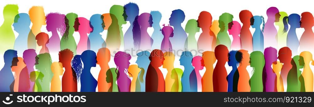 Talking crowd. Dialogue group of many people. Colored silhouette profiles. People talking. Speak. To communicate. Social network. Communication. Multi-ethnic people