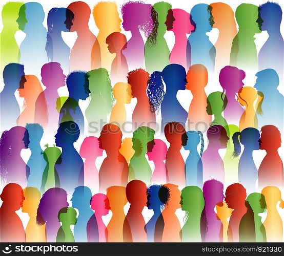Talking crowd. Dialogue group of many people. Speak. To communicate. Colored silhouette profiles. People talking. Social network. Communication. Multi-ethnic people