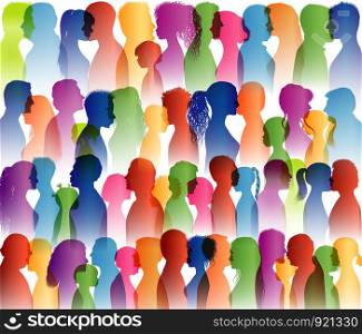 Talking crowd. Dialogue group of many people. Speak. To communicate. Colored silhouette profiles. People talking. Social network. Communication. Multi-ethnic people