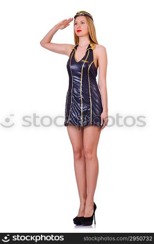 Tall airhostess isolated on white