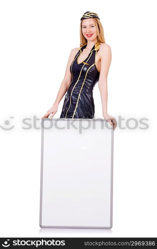 Tall airhostess with blank board on white