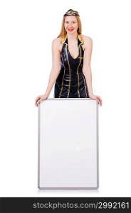 Tall airhostess with blank board on white