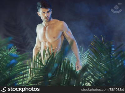 Tall and muscular guy in the rain forest