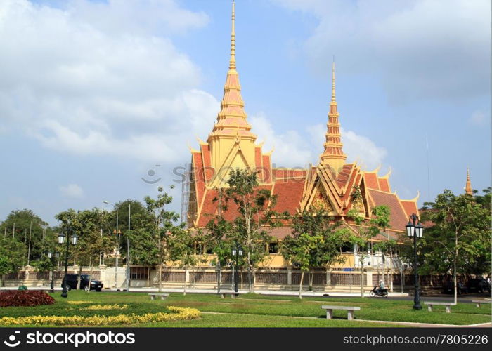 Tall buddhist temple in the center of Phnom Penh in Cambodia