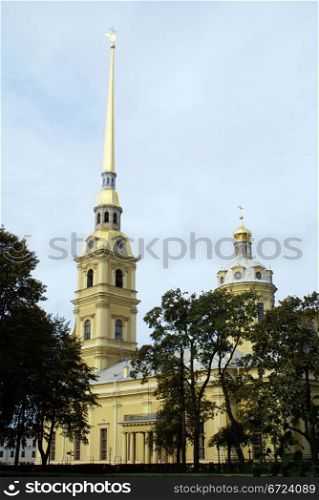Tall cathedral in Petropavlovskaya krepost, St-Petersburg, Russia