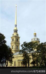 Tall cathedral in Petropavlovskaya krepost, St-Petersburg, Russia
