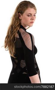Tall curvy pale brunette in a black knit bodysuit