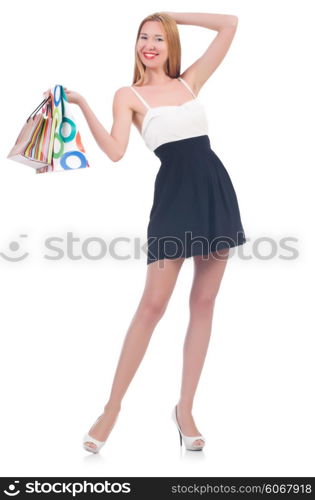 Tall girl after good shopping on white