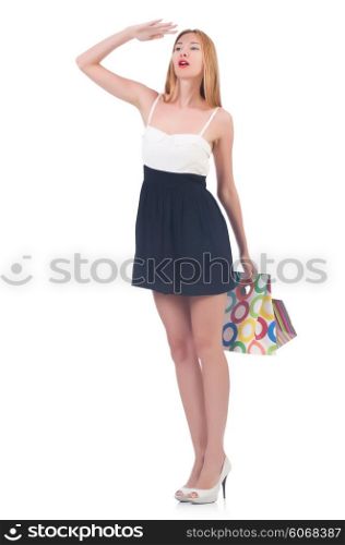 Tall girl after good shopping on white