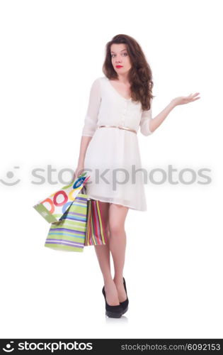 Tall girl after good shopping on white