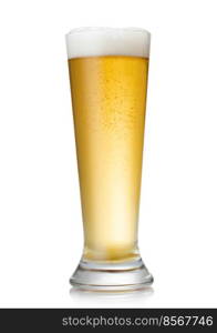 Tall glass of lager premium craft beer on white.