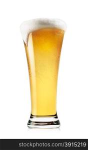 Tall glass of light beer with foam isolated on a white background. Tall glass of light beer with foam