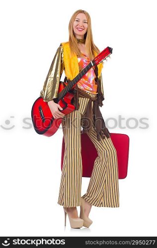 Tall guitar player isolated on white