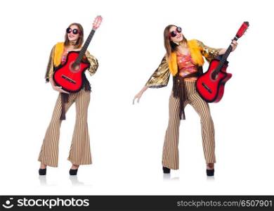 Tall guitar player isolated on white