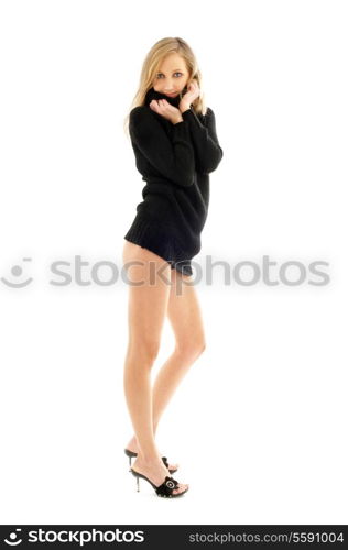 tall lady in black sweater over white