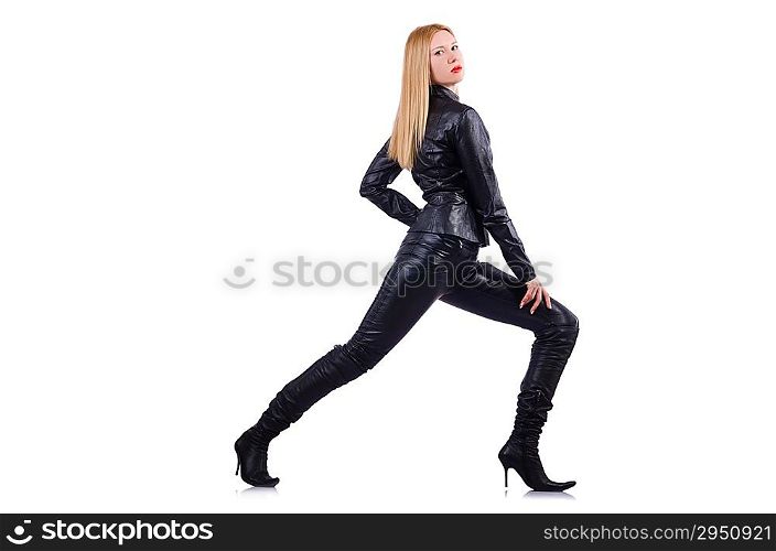 Tall model in leather costume on white