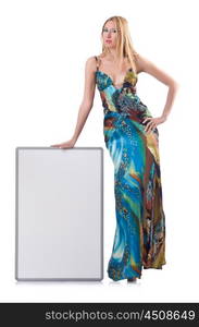 Tall model with blank board on white