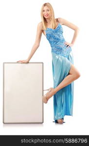 Tall model with blank board on white