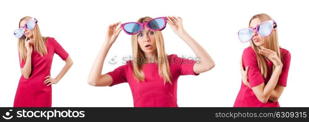 Tall model with giant sunglasses on white