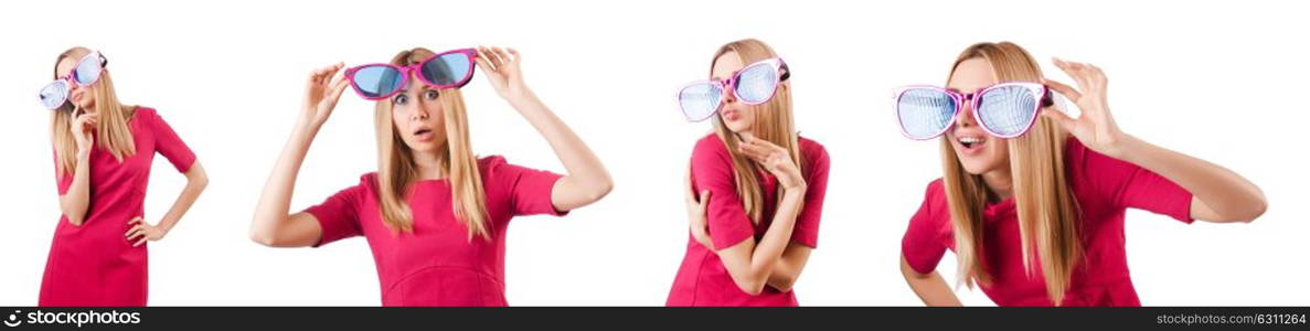 Tall model with giant sunglasses on white