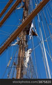 Tall sail ship rigging ropes and shroud