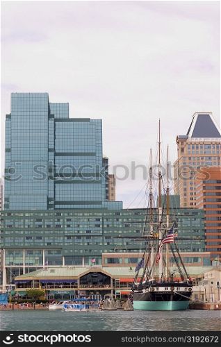 Tall ship moored at a harbor, USS Constellation, Inner Harbor, Baltimore, Maryland, USA
