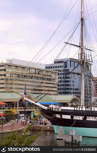 Tall ship moored at a harbor, USS Constellation, Inner Harbor, Baltimore, Maryland, USA