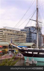Tall ship moored at a harbor, USS Constellation, Inner Harbor, Baltimore, Maryland, USA